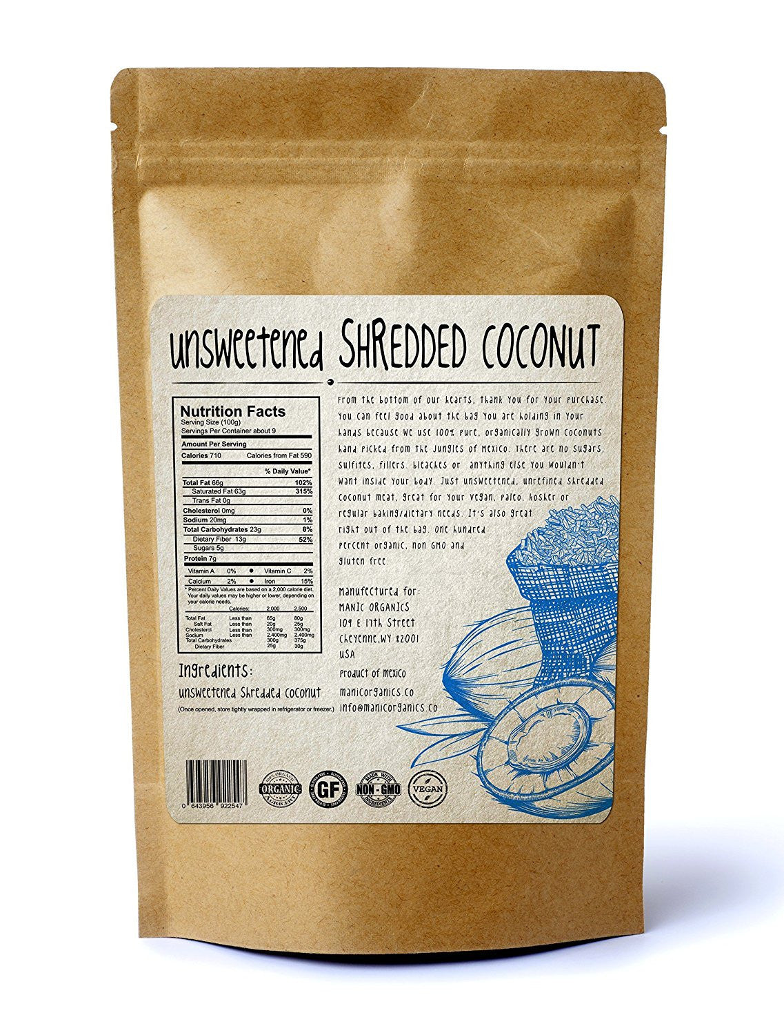 Shredded Coconut - Unsweetened Organic Vegan Paleo Kosher Non GMO Coconut Meat - Hand Picked Organically Grown Coconuts - No Sulfites All Natural