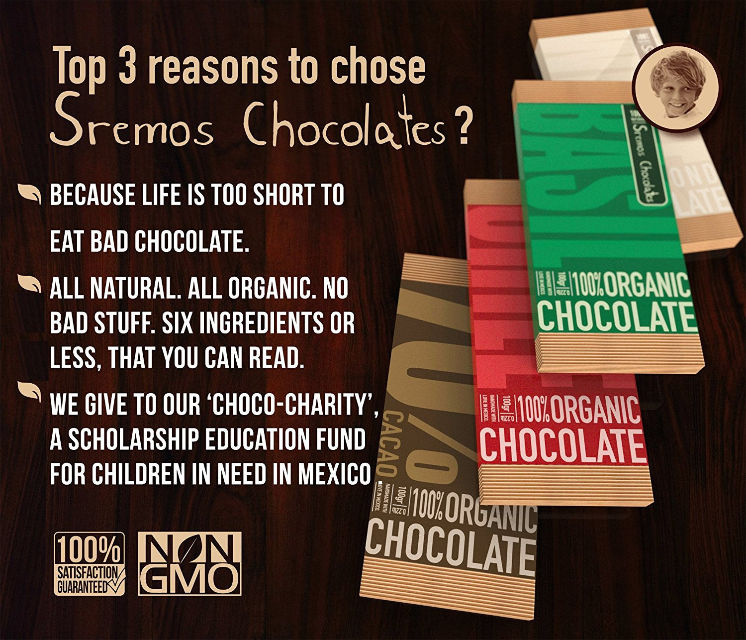 Organic Chocolate Bars - Non GMO Organic Unrefined Cacao Butter Chocolate Bars - Organically Grown Ingredients Picked By Hand - All Natural